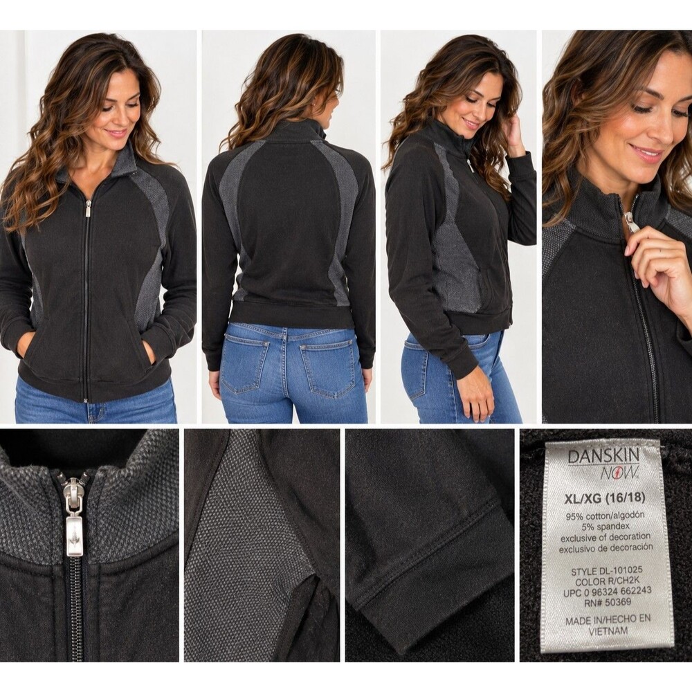 Danskin Now Womens XL 16/18 Black Gray Full Zip Athletic Jacket Short Waist